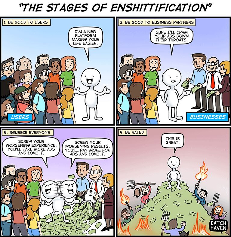 YouTube как наглядный пример. Платформа-монополист, у которой есть деньги на борьбу с блокировкой рекламы, реализацию верификации по паспорту, где тонна рекламы и тёмных паттернов вроде Shorts и интегральных лент, но нет никакого желания бороться с зашкаливающим количеством ботов. За деньги можно купить подписку на снятие ограничений на стороне клиента, не сервера. Просто отвратительно#enshittification #щитпост